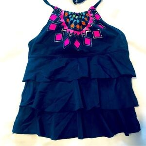 💜3/$30 Lands End 8s Girls Ruffle Tankini Swimsuit Top Navy Blue/Pink